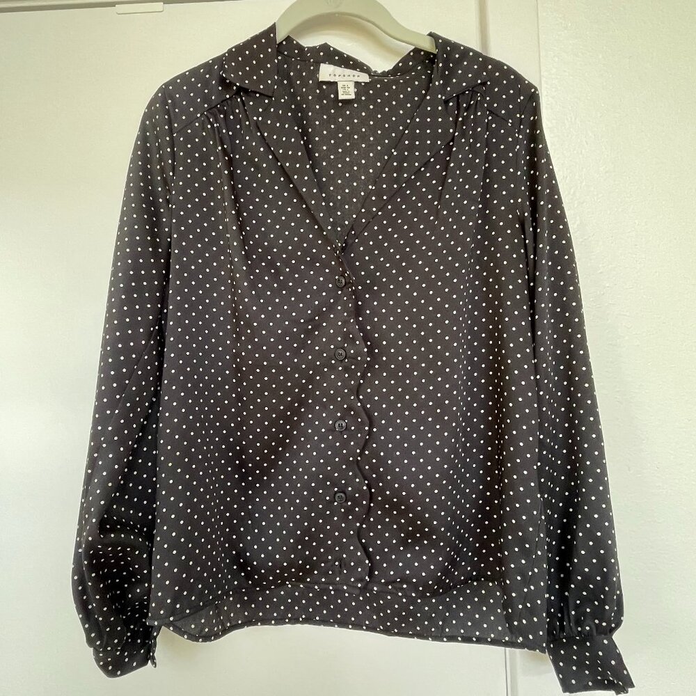 Topshop PolkaDot Blouse, Button-Down in Black and White, Size 2